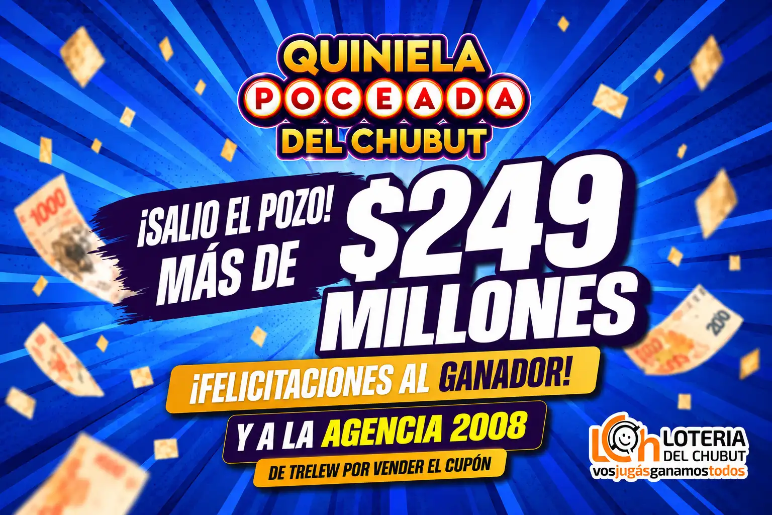 Lotería del Chubut entregará casi $250 millones en la Quiniela Poceada